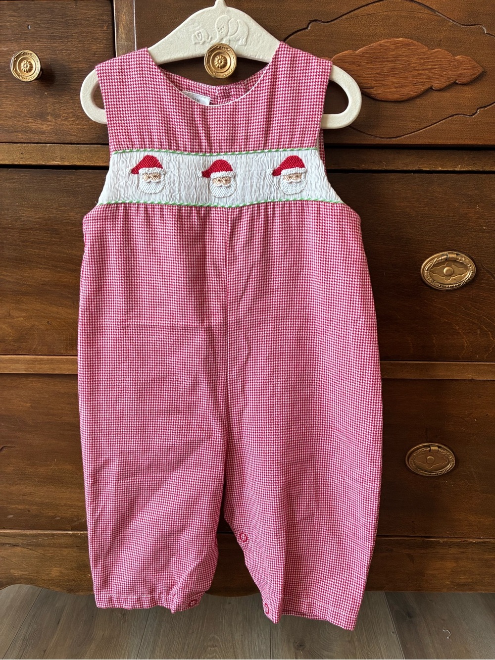 Kids Red Gingham Jon Jon Romper with Santa Embroidery